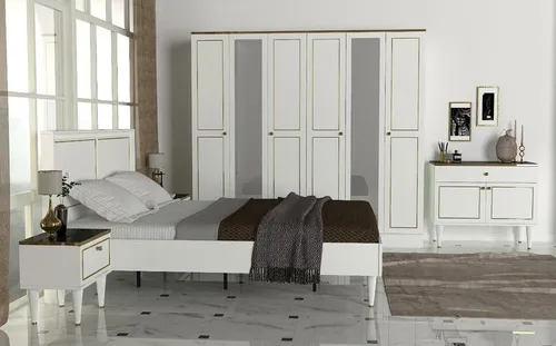 Schlafzimmer Möbel Komplett Set Bett 2x Nachttisch Schrank Weiß 5tlg - Elegantes 5-teiliges Schlafzimmer-Set in Weiß. Enthält Bett, Kommode und 2 Nachttische. Modernes Design, ideal für einen stilvollen Schlafbereich. Viel Stauraum mit 6 Türen und über 8 Regalfächern.