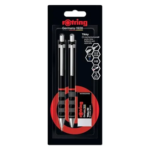 ROTRING Tikky Set aus FeinminenstiftKugelschreiber und Radierer | Bleistift mit HB-Mine0,5 mm | Schreibgerät mit mittelgroßer Spitze | Schaft in Schwarz | Leicht mit gummierter Griffzone