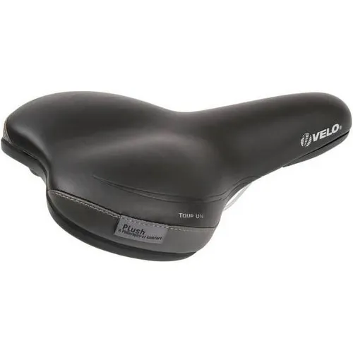 Velo Sattel Plush D2, schwarz, 262 x 165 mm - Fahrradsattel mit ARC-TECH gefederter D2-Konstruktion, erhöhtem Polster für druckfreie Sitzposition und umfassendem Abreibschutz – ideal für komfortable Fahrten.