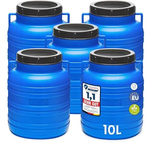 Garronda Set 5x 10 Liter Weithalsfass - BPA-frei und vielseitig einsetzbar - 5-teiliges Set aus 10L Fässern, BPA-frei und ideal für Lebensmittel, Futter oder Regenwasser. Robuste Konstruktion für Garten, Werkstatt und Hobby.