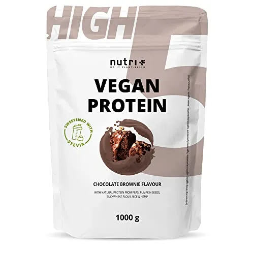 nutri+ HighFive Protein Pulver, Chocolate Brownie - Sportnahrung mit veganem Proteinmix aus Erbsen-, Kürbis- und Reisprotein. Ideal für Sportler, um nach dem Training die Muskulatur zu regenerieren.