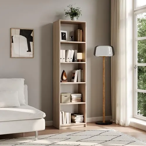 Home Collective Bücherregal Aktenregal Standregal Raumteiler Sonoma-Eiche mit 5 offenen Fächern aus MDF Holz | Breite 50 cm