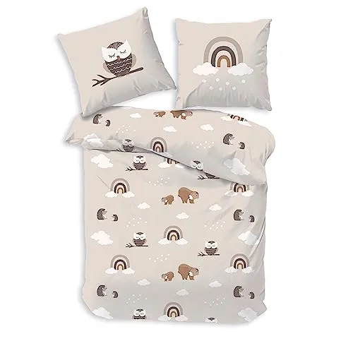 Hochwertige Kinderbettwäsche Eule 135x200, 80x80 - Bettwaren-Set für Kinder mit fröhlichem Regenbogen-Design und niedlichen Waldtieren. Aus 100% Baumwolle für höchsten Komfort und Pflegeleichtigkeit.