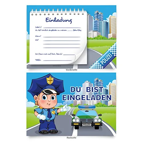 Kartenecke.de: Polizei-Geburtstagseinladungen (8 Stück) für Jungs & Kinder - Einladungskarten zum Selbstausfüllen