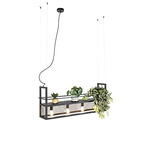 Qazqa Pendelleuchte Cage Rack, 4-flammig, Industrie-Stil, Schwarz - Hängeleuchte aus hochwertigem Stahl mit Gitterstruktur für beeindruckende Lichteffekte. Höhenverstellbar von 73,5 cm bis 150 cm, ideal für den Esstisch.