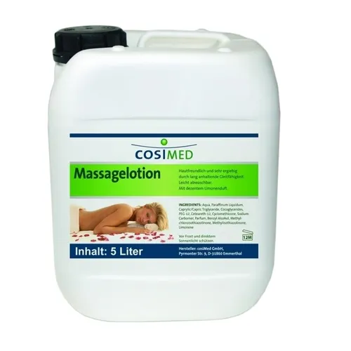 cosiMed® Massagelotion neutral, 5 l - Massageöl für empfindliche Haut, hautschonend und ohne Farb- und Duftstoffe, ideal für professionelle Physiotherapie und Wellnessanwendungen.