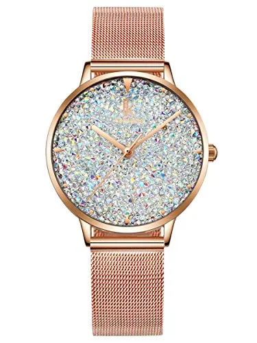 Alienwork Damen Armbanduhr Roségold mit Strass und Mesh-Armband - Elegante Armbanduhr für Damen mit präzisem Japanischem Quarz-Uhrwerk, funkelnden Natursteinen und angenehm tragbarem Mesh-Armband – perfekt für jeden Anlass!