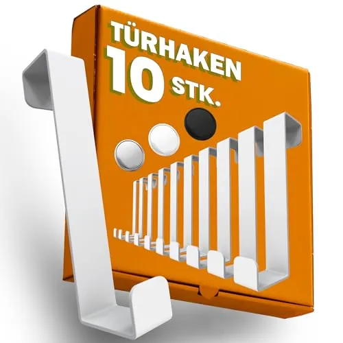 Menz Türhaken zum Einhängen, 10er Set - Kleiderhaken an Tür, stabile Haken zum Einhängen, platzsparende Türgarderobe für ganze Wohnung, universelle Türhakenleiste, weiß