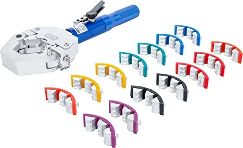 BGS Crimpzangen-Satz | hydraulisch für Pressanschlüsse - Abzieher für die Wartung von Klimaanlagen und Hydrauliksystemen, ideal für den mobilen Einsatz in Landwirtschaft und Truckerservice. Robustes Handgerät mit 7 farblich codierten Pressformen im praktischen Kunststoffkoffer.