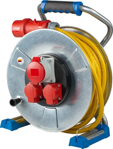 AS Schwabe Xperts CEE-Metallkabeltrommel 25 m - Kabeltrommel mit 1x 400 V und 2x 230 V Steckdose, robust und ideal für den Einsatz im Außenbereich.