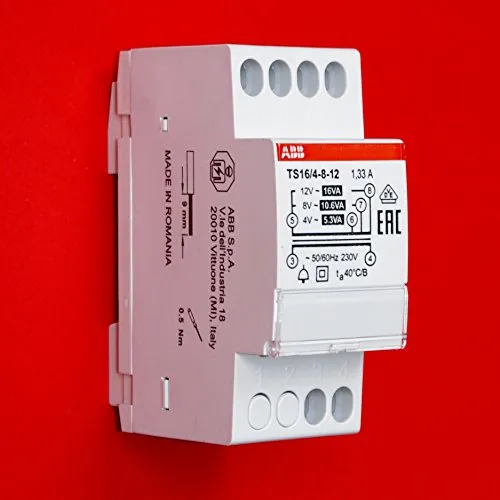 Klingeltransformator 16VA, 4-8-12VAC - ABB TS16/4-8-12 - Transformatoren für Kleinspannung, ideal für Türklingeln. Mit integrierter thermischer Schutzeinrichtung und automatischer Wiederherstellung nach Überlast.
