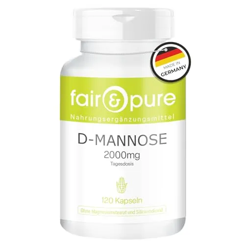 Fair & Pure D-Mannose 2000mg Tagesdosis, 120 Kapseln, schluckfreundlich, Nahrungsergänzungsmittel vegan ohne Magnesiumstearat, in Deutschland hergestellt