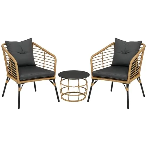 Outsunny Rattan Gartenmöbel-Set, 3-TLG. Sitzgruppe - Bistrosets für die Terrasse: Stilvolles 3-teiliges Set mit 2 Sesseln und Couchtisch, ideal für entspannte Stunden im Freien. Robuster Stahlrahmen und wasserfeste Materialien sorgen für Langlebigkeit.