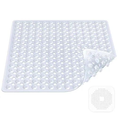 Duschmatte rutschfest,53x53cm,100% BPA frei,inkl 1 Abflusssieb Silikon,Antirutschmatte Dusche,maschinenwaschbar, schimmelresistent,hautsensitiv(Transparent)