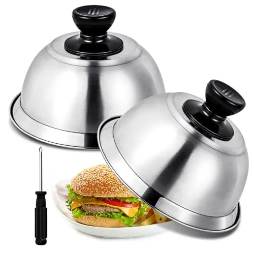 Omtofo 2 Stück Burgerglocke, 16x6.7cm Burgerglocke Edelstahl, Grillglocke Schmelzglocke Abdeckhaube Burger Glocke mit Schraubenzieher für Cheeseburger Barbecue Steak, Innen & Außen Burgercover
