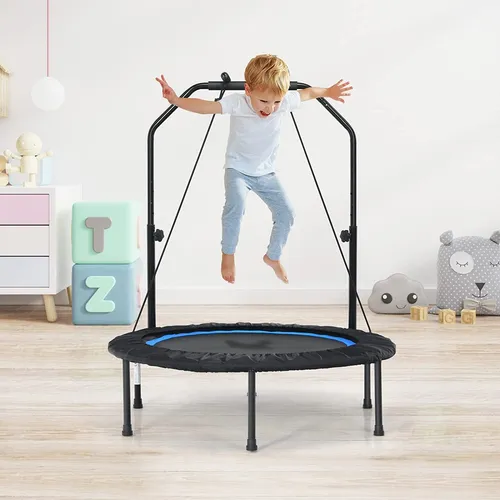 GOPLUS Fitneß-Trampolin mit Verstellbarem Handlauf und Gepolsterter Sicherheitsabdeckung, Faltbares Fitneß Rebounder, Max. Tragfähigkeit 150 kg