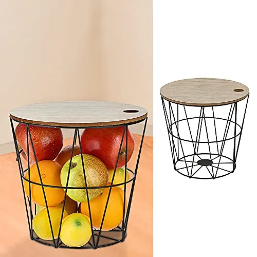 Metallkorb mit Holzdeckel | H 21cm Drahtgestell schwarz | Drahtkorb Aufbewahrung (1 x Metallkorb schwarz)