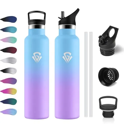 Trinkflasche Edelstahl 1L, Thermoskanne mit Strohhalm, Kohlensäure Geeignet, BPA-Frei, Einhandöffnung, Vakuum Isolierte Thermosflasche, Isolierflasche Auslaufsichere für Sport, Laufen, Fahrrad, Yoga