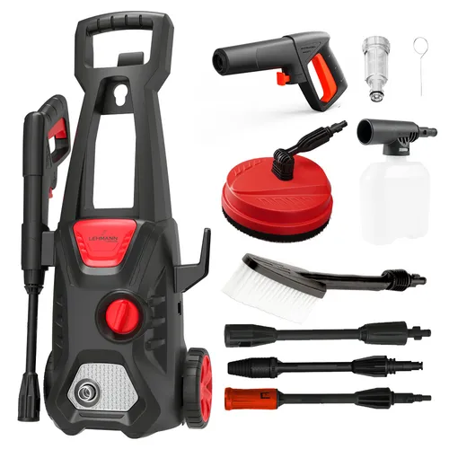 Lehmann Hochdruckreiniger Jukon 1600 W - Hochdruckreiniger mit 130 Bar Druck, ideal zur effektiven Reinigung von Fahrzeugen und Terrassen. Inklusive vielseitigem Zubehör für flexible Anwendungen und Auto-Stopp-Funktion für Wassersparen.