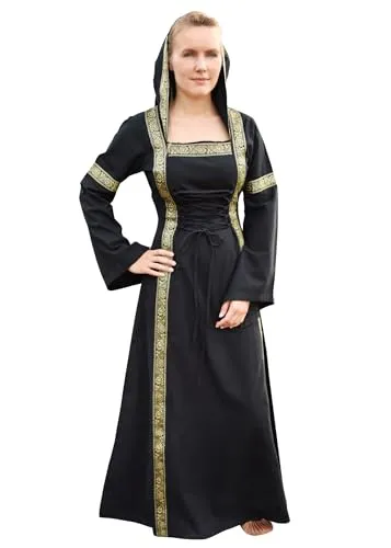 Battle-Merchant - Mittelalterkleid Eleanor mit Kapuze und Schnürung - Edle Gewandung für Damen - Mittelalter Schnürkleid - Kleid, LARP (S, Schwarz)