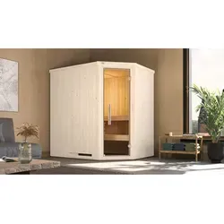 Weka Elementsauna Varberg Trend 1 mit Glastür - Massivholzsauna mit platzsparendem Eckeinstieg, hochwertiger Isolierung und einfacher Montage für Ihre persönliche Wellness-Oase zu Hause. Genießen Sie modernes Design und Komfort.
