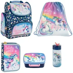 Schulranzen Einhorn Unicorn 5 tlg. Set – Bunter Tornister mit Federtasche, Turnbeutel und Brotdose