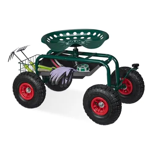 relaxdays Rollsitz - Fahrbarer Gartensitz mit Stauraum, Grün - Camping-Möbel für komfortable Gartenarbeit im Sitzen. Höhenverstellbar und mit Stauraum für Werkzeuge, ideal zum Unkraut jäten und Gemüse ernten.
