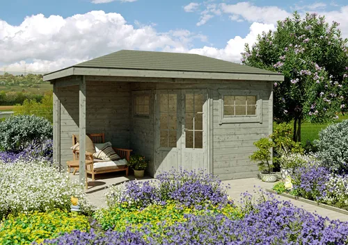 Fjordholz Gartenhaus Modell Evelyn 2B - 5-Eck Design - Massives 5-Eck Gartenhaus aus nordischer Fichte mit 28mm Wandstärke. Extra starke Dachkonstruktion, hochwertige Doppeltür und Einzelfenster. Ideal für individuelle Gartenprojekte.