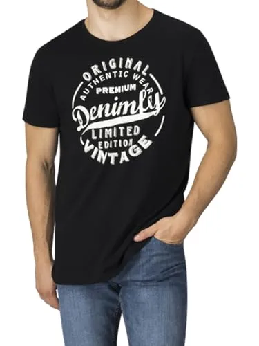 DENIMFY Tshirt Herren Baumwolle Regular Fit DFNuri Rundhals Kurzarm Sommer Tee Shirt Logoprint, Größe:3XL, Farben:Black (KDY)
