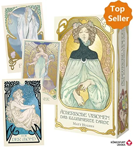 Ätherische Visionen - Illuminierte Tarotkarten von Matt Hughes - Kartenspiele: 80 handgezeichnete Karten im Jugendstil mit goldenen Akzenten, inklusive 2 neuer großer Arkana Karten und einem 48-seitigen Booklet für tiefgehende Einblicke.