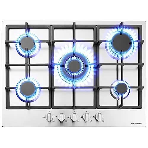 Arebos Gaskochfeld 5 Flammig - Edelstahl Gasherd mit Flammenschutz, effizient und energiesparend für präzise Kochergebnisse