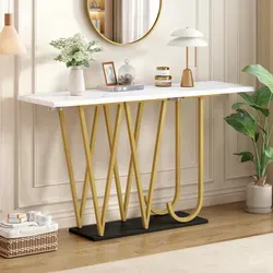 Table Mdf & Metall Weiß Mit Marmoroptik, Goldfarbene Beine, 120x29,5x80 Cm
