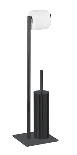 WENKO Modell Recco WC-Garnitur - Stilvolle Klobürsten Standgarnitur in elegantem Schwarz aus Metall, mit hygienischem Bürstenhalter und Toilettenpapierrollenhalterung für ein modernes Badezimmer.