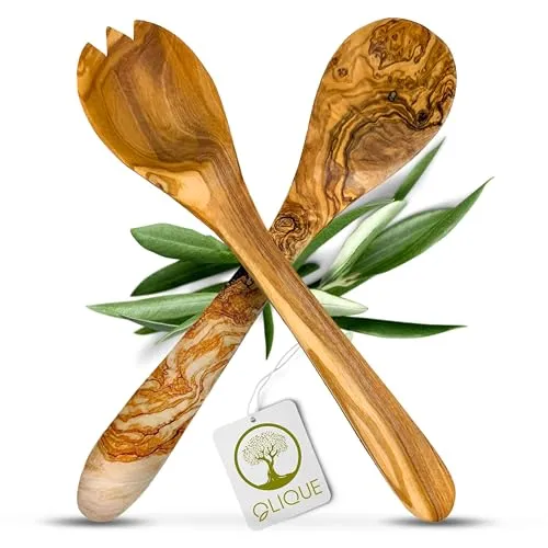 OLIQUE Salatbesteck, Olivenholz - Handgemachtes Salat Besteck Set als individuelles Geschenk (30 cm)