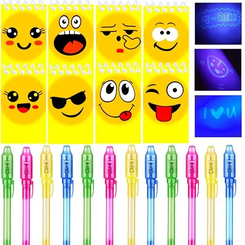 Junyaoii12 UV Stifte und 12 Notizbücher, Kindergeburtstag Party Taschen, Kindergeburtstag Party Geschenke, Adventskalender für kleine Geschenke Kinder lächelndes Gesicht Geburtstagsdekoration