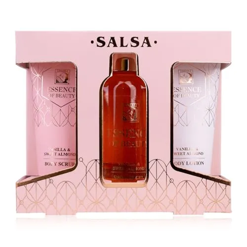 SALSA - ESSENCE OF BEAUTY - Duschset Geschenkset für Frauen in Geschenkbox mit Duschgel, Bodylotion und Körperpeeling, Badeset als luxuriöse Geschenkidee für Damen Duft: Vanilla & Sweet Almond