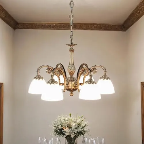Licht-Erlebnisse Premium Kronleuchter Hängeleuchte aus Messing bronziert Jugendstil E14 bis 40W 230V Glas matt Wohnzimmer Esszimmer Lampe Leuchte Beleuchtung Pendelleuchte Pendellampe Hängelampe