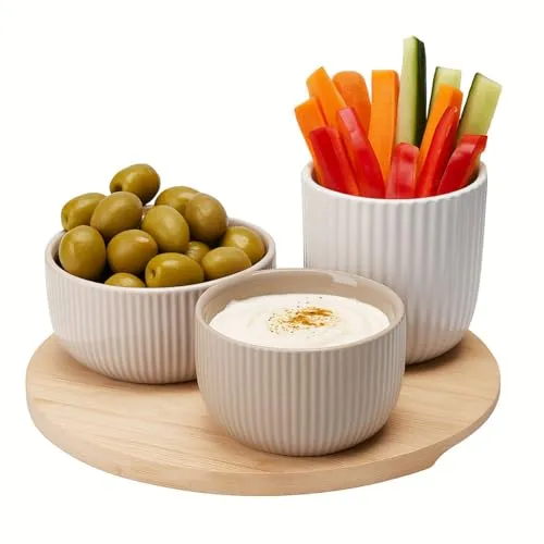 Murago - Servierset mit Bambustablett & 3 Keramikschalen - Dip-Schalen Set für Snacks Oliven Nüsse Tapas modernes Rillendesign Naturtöne Spülmaschinengeeignet Taupe Cream Beige