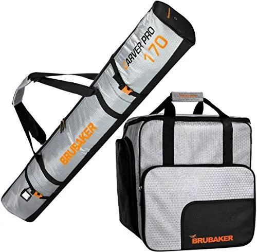 BRUBAKER Kombi Set CarverTec Pro - Skisack und Skischuhtasche für 1 Paar Ski + Stöcke + Schuhe + Helm - Silber Orange - 170 cm