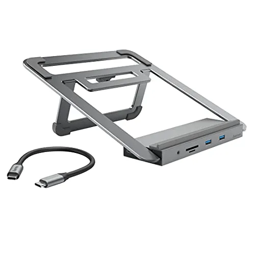 Hama USB C Hub Docking Station mit Notebook Ständer 12 Ports (2X HDMI, 4X USB A, 1x USB-C, 1x VGA, 1x LAN/Ethernet, 2X Kartenleser, 1x Aux, Adapter USBC Hub 12in1 Laptop Stand für Büro, Home Office)