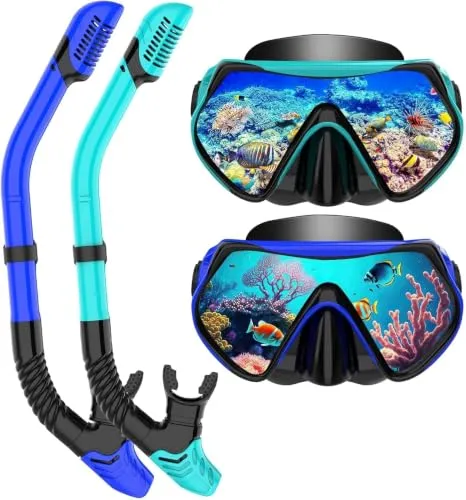 Schnorchelset Erwachsene, Schnorcheln Set mit Anti-Fog Taucherbrille und Dry Schnorchel, Professionelle Schnorchelmaske Tauchmaske aus Gehärtetem Glas für Schnorcheln