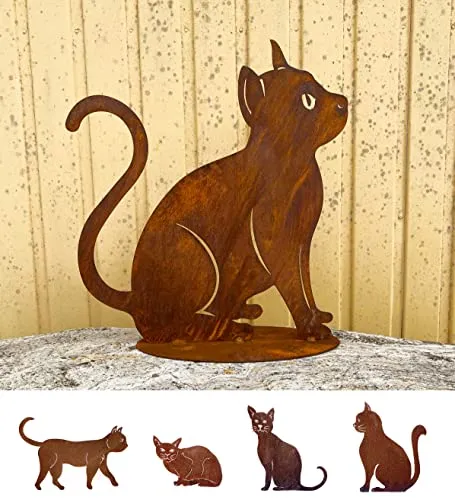 Gartenfigur Katze sitzend und schaut hoch 40x37cm auf Platte Edelrost Wetterfest Rost Metall Rostfigur Katzen Tier von Steinfigurenwelt