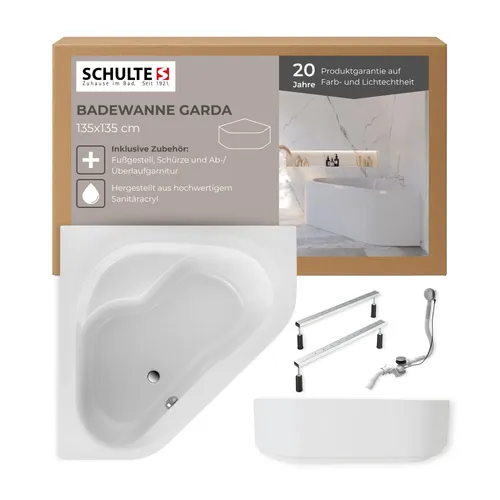 Schulte Badewanne Modell A 135x135 cm - Eckbadewanne aus hochwertigem Sanitäracryl, inkl. Schürze und Fußgestell, ideal für entspannende Wellnessmomente zu Hause.