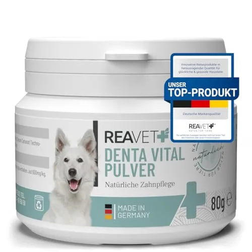 ReaVET Denta Vital Zahnpflege Pulver Hund & Katzen 80g - Zahnsteinentferner, Mittel gegen Zahnstein Hund Katze I Gegen Mundgeruch bei Hunden, Zahnpflege Katzen