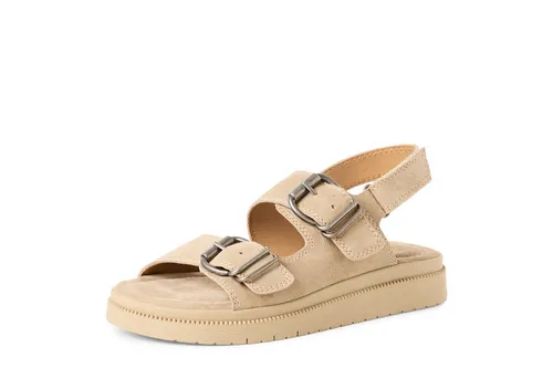Tamaris Damen Sandale Beige mit Touch-it Fußbett - Elegante Tamaris Damen Sandale aus Rauleder in Beige, ausgestattet mit einem komfortablen Touch-it Leder-Fußbett, zwei Schnallen und griffiger Gummisohle für besten Halt.
