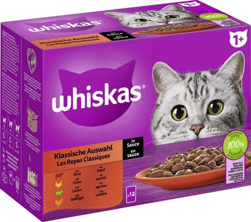 Whiskas 1+ Katzennassfutter – Klassische Auswahl in Sauce, 12x85g - Hochwertiges Nassfutter in 12 Portionsbeuteln für eine glückliche Katze ab 1 Jahr. Mit 100 % hochwertigen Zutaten und leckerem Geschmack für den täglichen Genuss.