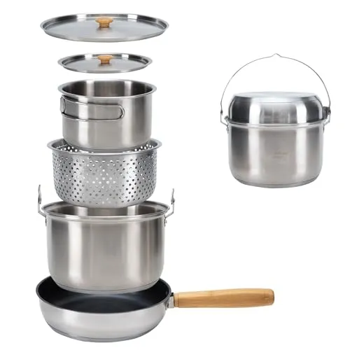 KingCamp Camping Kochset aus Edelstahl - Topf- & Pfannensets fürs Camping, inklusive Antihaftpfanne und abnehmbarem Griff für einfaches Kochen und Transport. Ideal für 4 Personen beim Camping oder zu Hause.