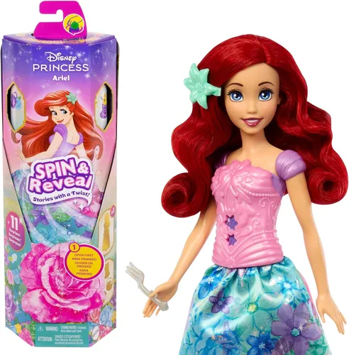 Mattel Disney Prinzessin Arielle Modepuppen-Set, Spin & Reveal mit 11 Überraschungen, darunter 5 Accessoires, 5 Sticker und eine Szene zum Spielen, vom Film inspiriert, HTV88