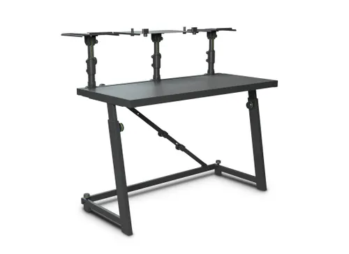 Gravity FDJT 01 Flexibler DJ Tisch - Zubehör für Tasteninstrumente, robuster und höhenverstellbarer DJ Tisch mit flexiblen Ablagen für Lautsprecher und Laptop, ideal für professionelle Auftritte und Veranstaltungen.