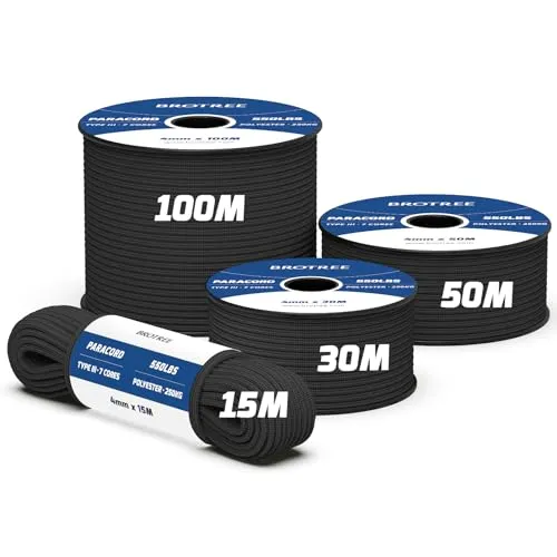 Brotree 550 Paracord 4mm 15m Schnur 100% Polyester Seil Reißfest Typ III 7 Kern für Armbänder, Basteln, Outdoor, Camping, Survival - Schwarz